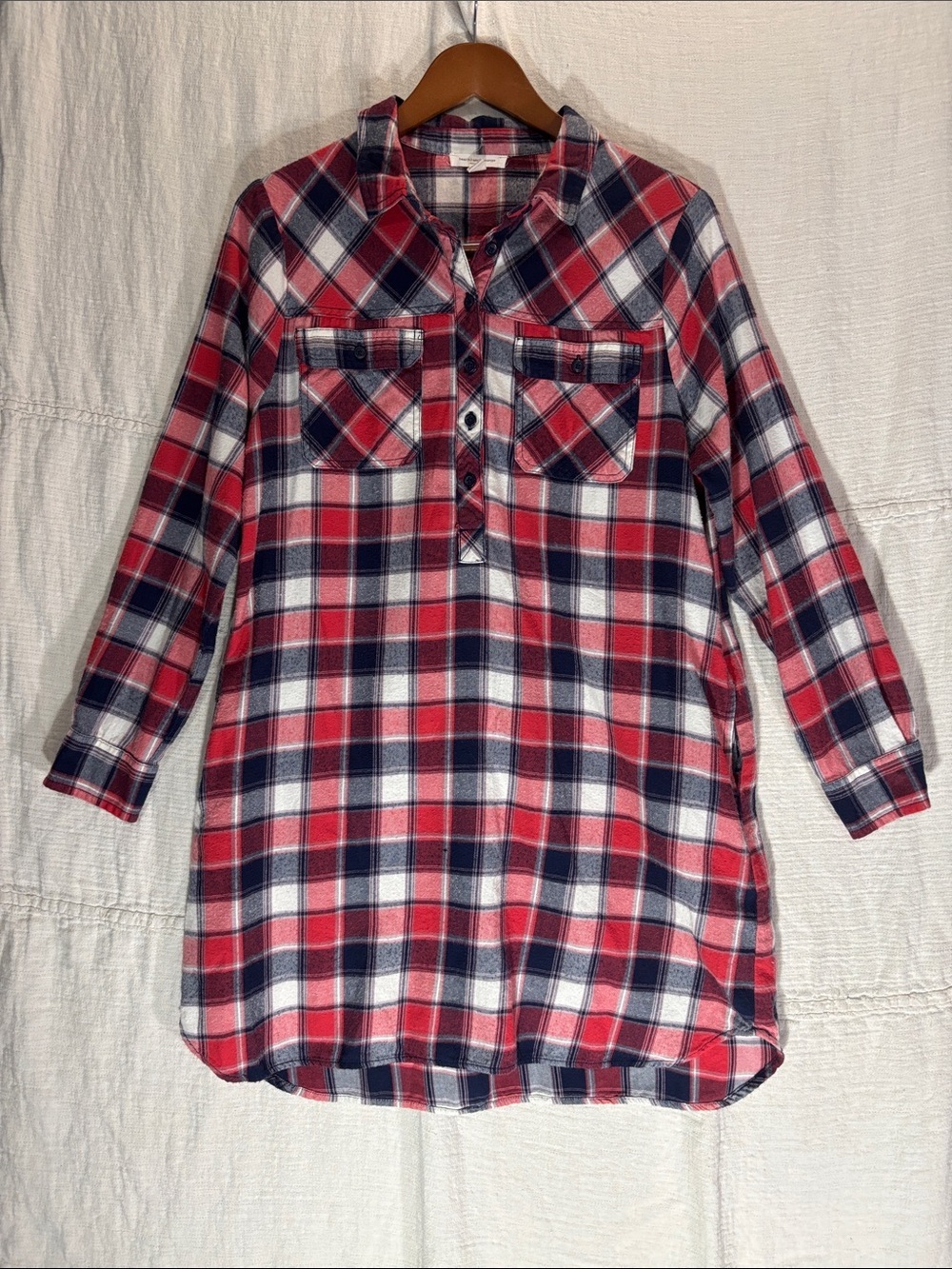 beachlunchlounge Red Navy White Plaid Henley Tunic Dress Large EUC Flannel